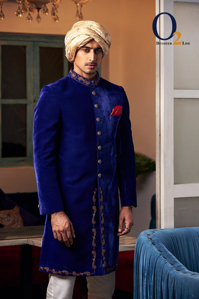 Blue velvet clearance sherwani