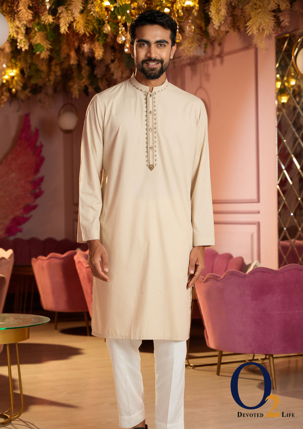 Zardozi Handwork Classic Fit Panjabi In Peach