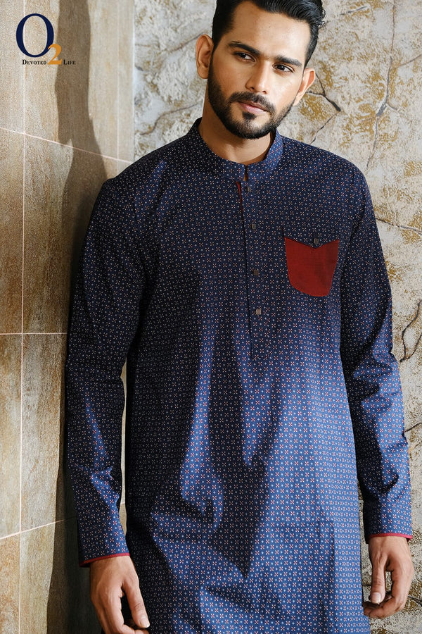 Navy Blue Printed Slim Fit Panjabi