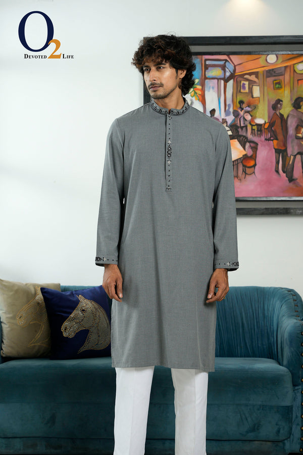 Karchupi Handwork Classic Fit Panjabi In Storm Gray