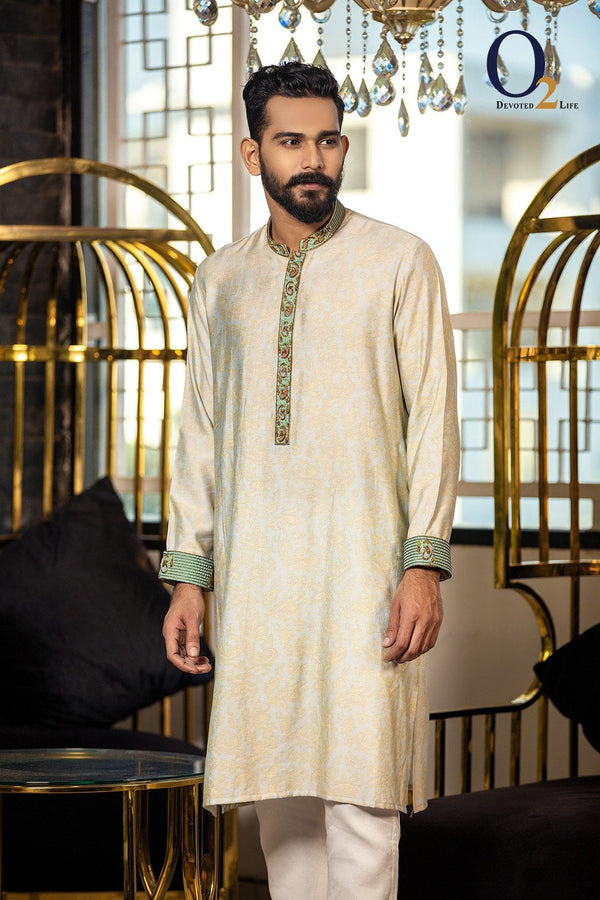 Greenish Self Print Zardozi Classic Fit Panjabi