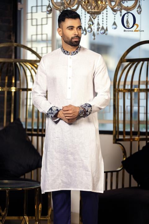 White Embro Ramie Classic Fit Panjabi