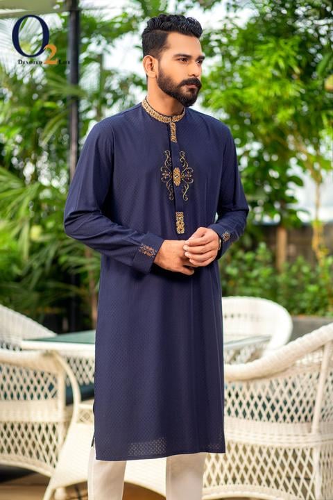 Zardozi Work Classic Fit Panjabi In Navy Blue