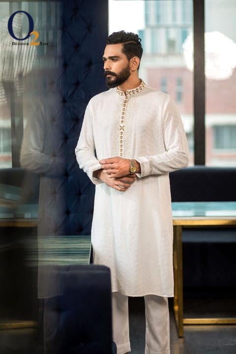 Zardozi Work Classic Fit Panjabi In White