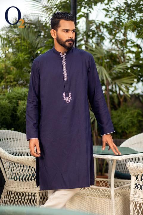 Zardozi Work Classic Fit Panjabi in Navy Blue