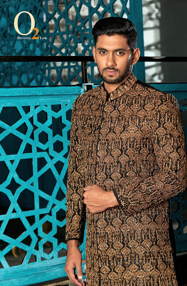 Black with Golden Zardozi Work Sherwani