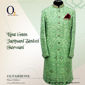 Lime Green Jacquard Zardozi Sherwani