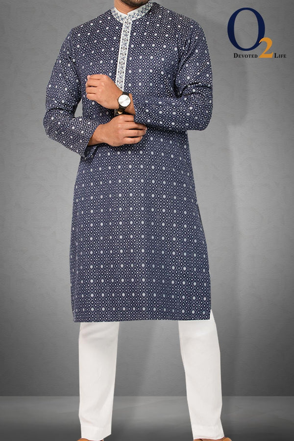 Navy Blue Zardozi Work Classic Fit Panjabi