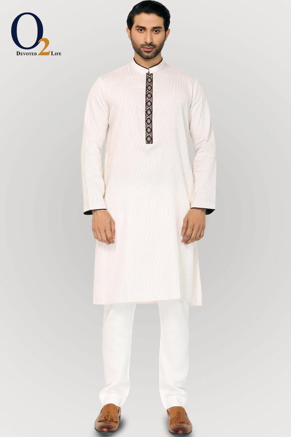 Beige White Hand Work Classic Fit Panjabi