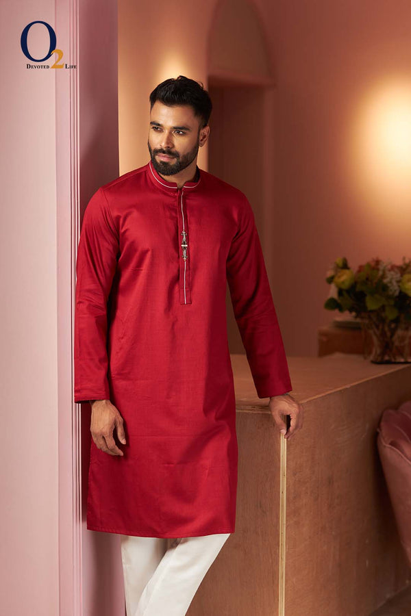 Pastel Red Simple Work Classic Fit Panjabi