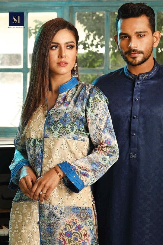 Chess Board Blue Printed Kameez