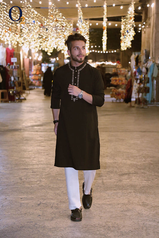 Beige and Black shaded kameez and Black Panjabi Couple Collection