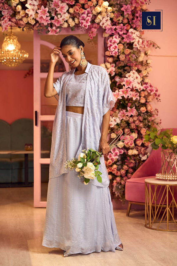 Powder Blue Flared Skirt with Crop Top and Jacket