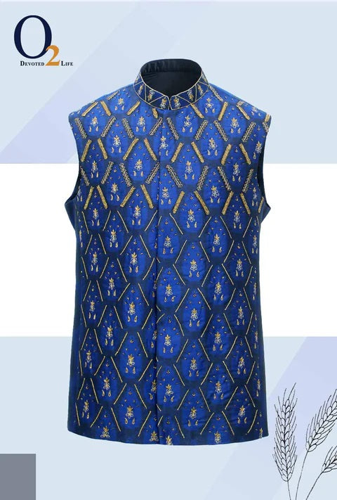 Heavy Golden Zardozi Blue Ethnic Vest