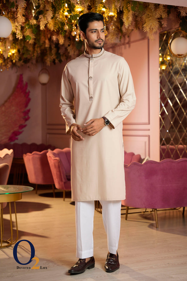 Zardozi Handwork Classic Fit Panjabi In Ecru