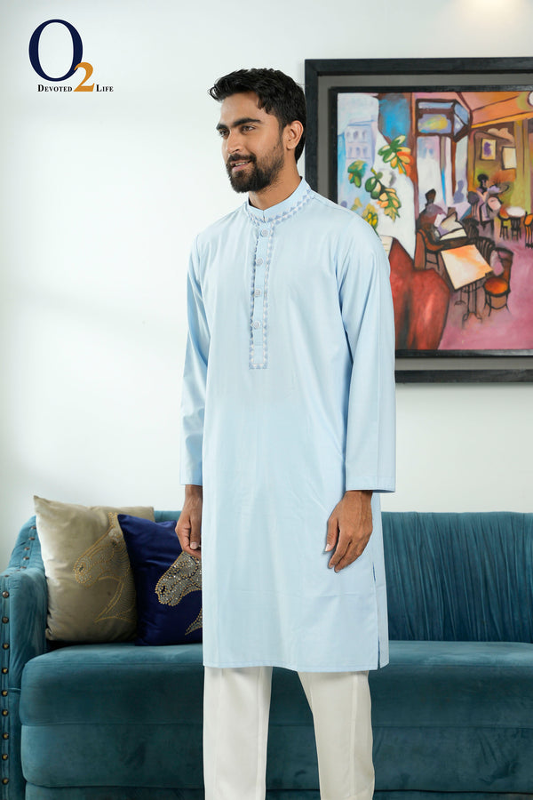 Zardozi Handwork Classic Fit Panjabi In Sky Blue - o2fashions