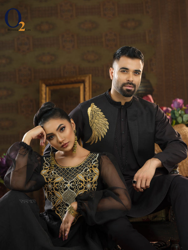 Black muslin suit with zardosi work and men's couple set