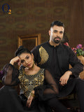 Load image into Gallery viewer, Black muslin suit with zardosi work and men&#39;s couple set