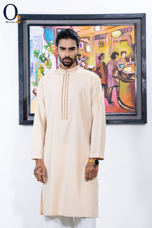 Zardozi Handwork Classic Fit Panjabi in Peach