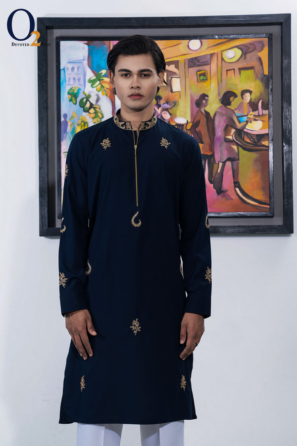 Zardozi Handwork Classic Fit Panjabi in Navy Blue