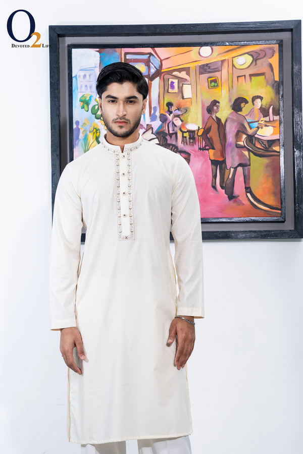 Zardozi Handwork Classic Fit Panjabi in Beige