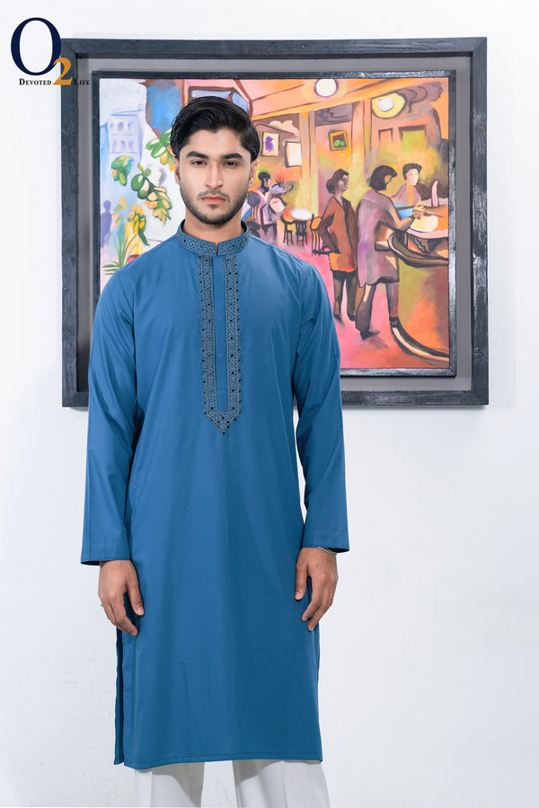 Zardozi Handwork Classic Fit Panjabi in Steel Blue