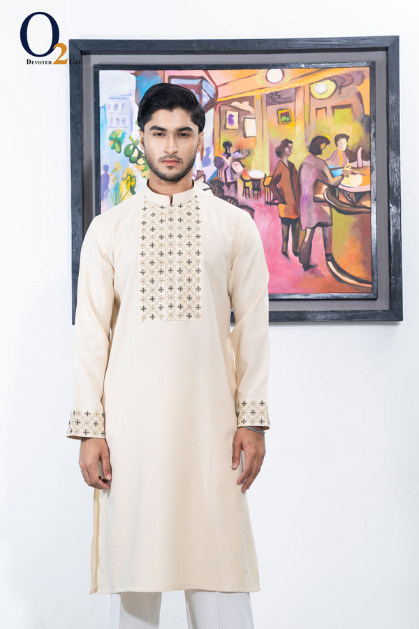 Zardozi Handwork Classic Fit Panjabi in Parchment