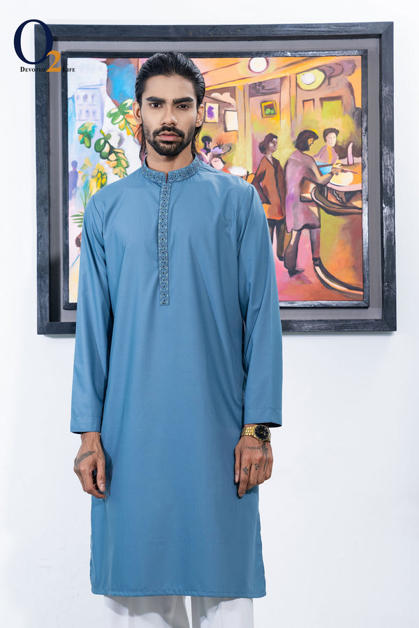 Zardozi Handwork Classic Fit Panjabi in Steel Blue
