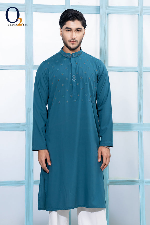 Zardozi Handwork Classic Fit Panjabi in  Green