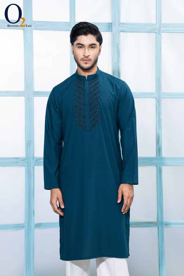 Zardozi Handwork Classic Fit Panjabi in  Peacock Blue