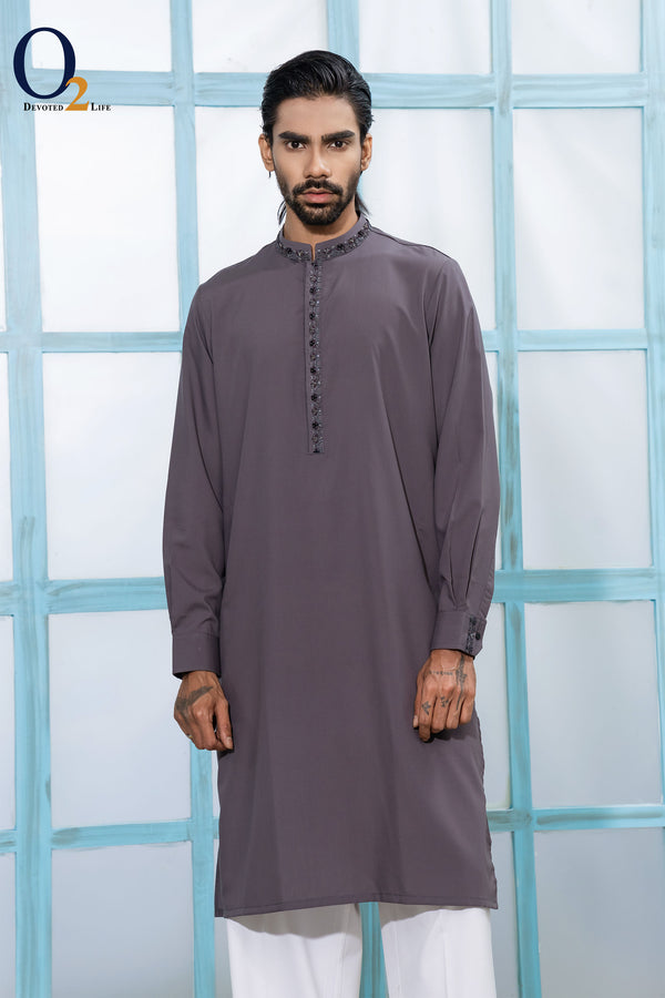 Zardozi Handwork Classic Fit Panjabi in Iron Grey