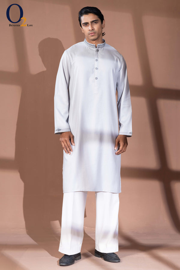 Zardozi Handwork Panjabi in Ligth Ash - o2fashions
