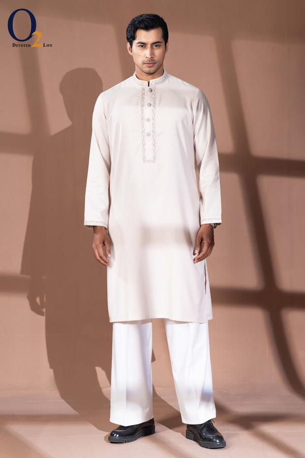 Zardozi Handwork Panjabi in Beige - o2fashions