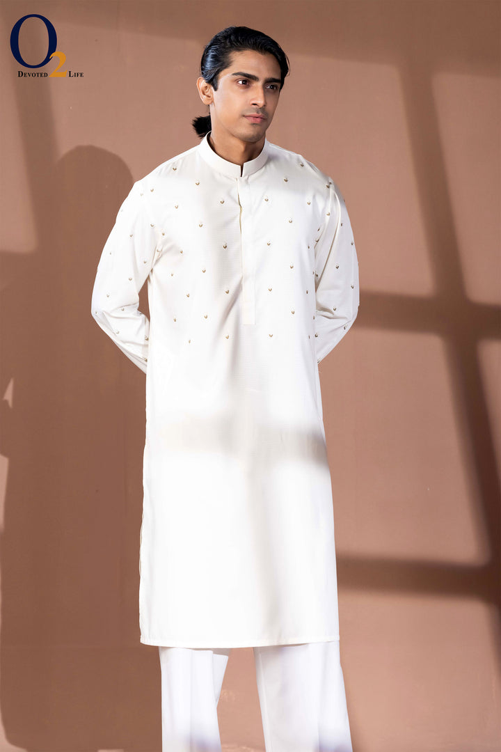 Zardozi Handwork Panjabi in Cream - o2fashions