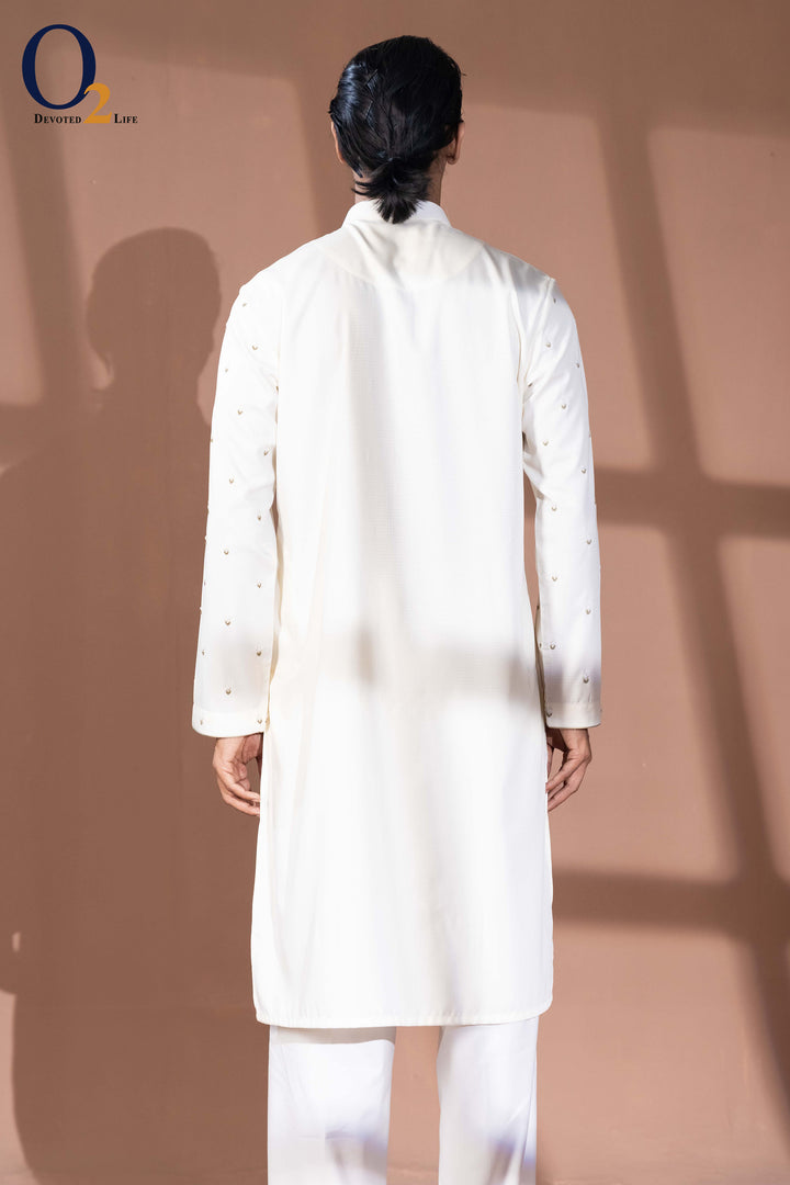 Zardozi Handwork Panjabi in Cream - o2fashions