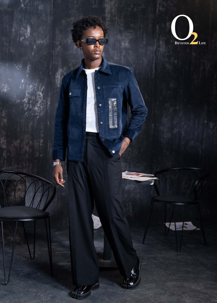 Navy leather trim jacket o2fashions