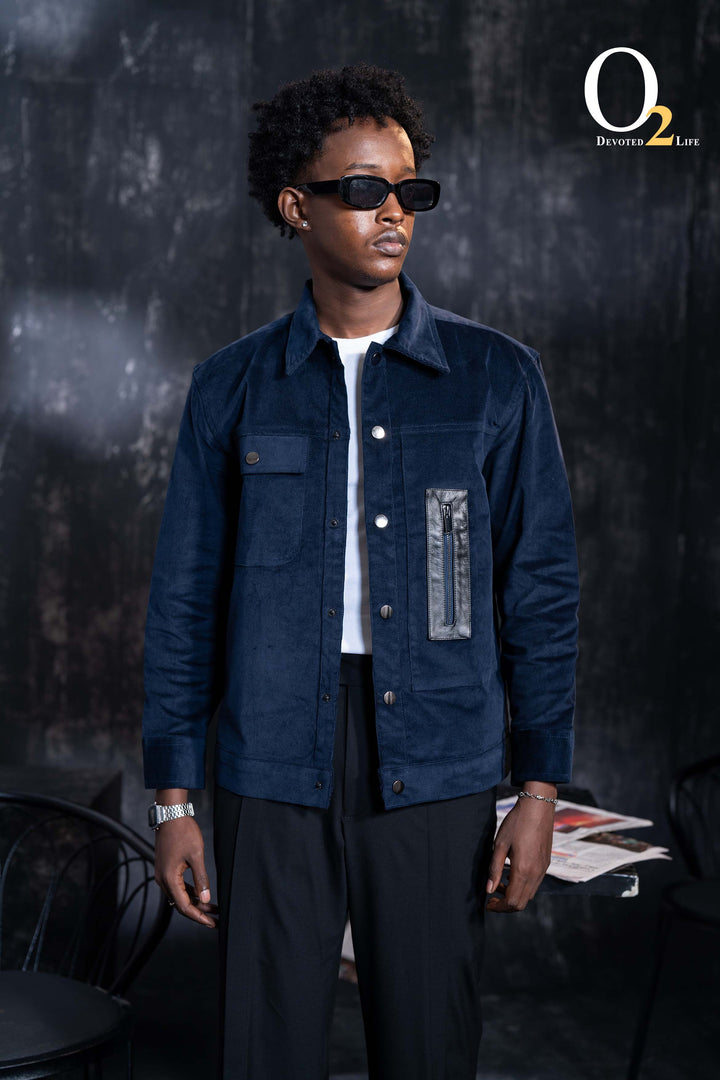 Navy leather trim jacket o2fashions