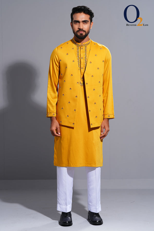 Yellow Zardozi handwork V-Neck open long vest