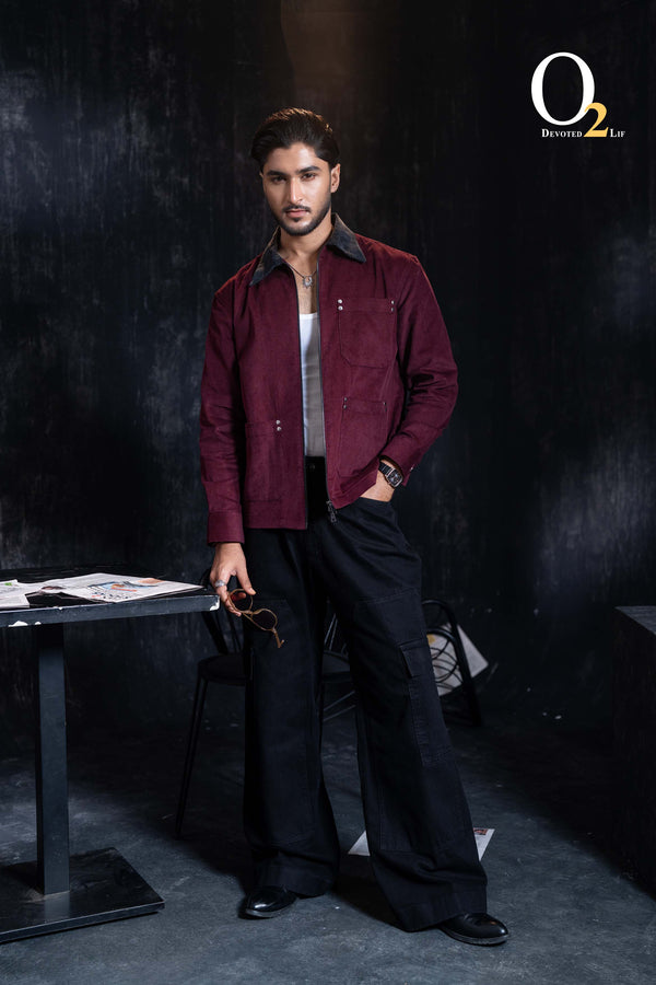 Corduroy Harrington shacket in Mighty Maroon ENVY