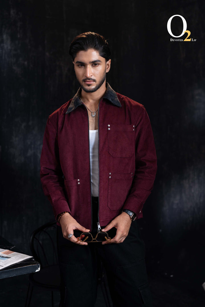 Corduroy Harrington shacket in Mighty Maroon ENVY