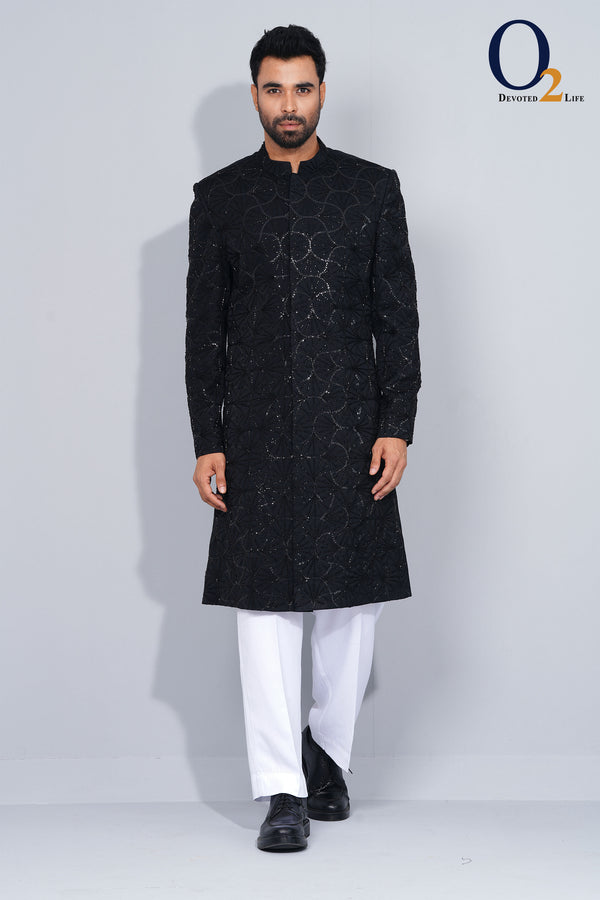 Traditional Men Black Zardozi Handwork Sherwani