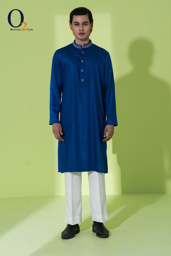 Zardozi Handwork Classic Fit Panjabi in Teal Blue
