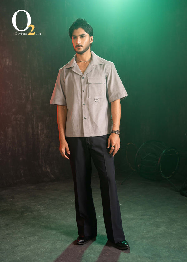 Corduroy Cuban Collar Oversize Half Sleeves Shirt - Grey ENVY