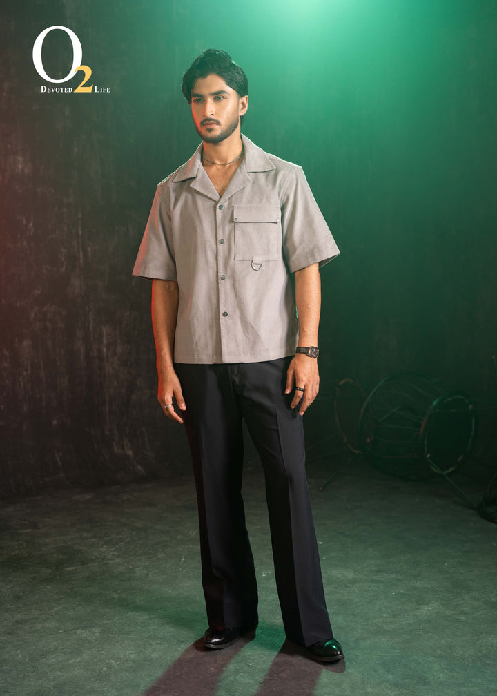 Corduroy Cuban Collar Oversize Half Sleeves Shirt - Grey ENVY