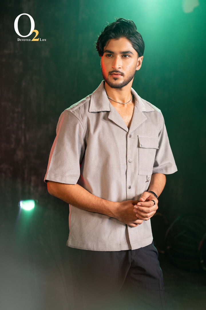 Corduroy Cuban Collar Oversize Half Sleeves Shirt - Grey ENVY