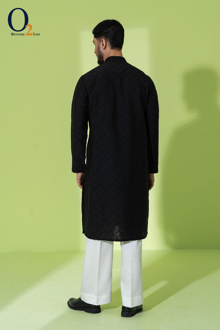 Zardozi Handwork Classic Fit Panjabi in Black - o2fashions