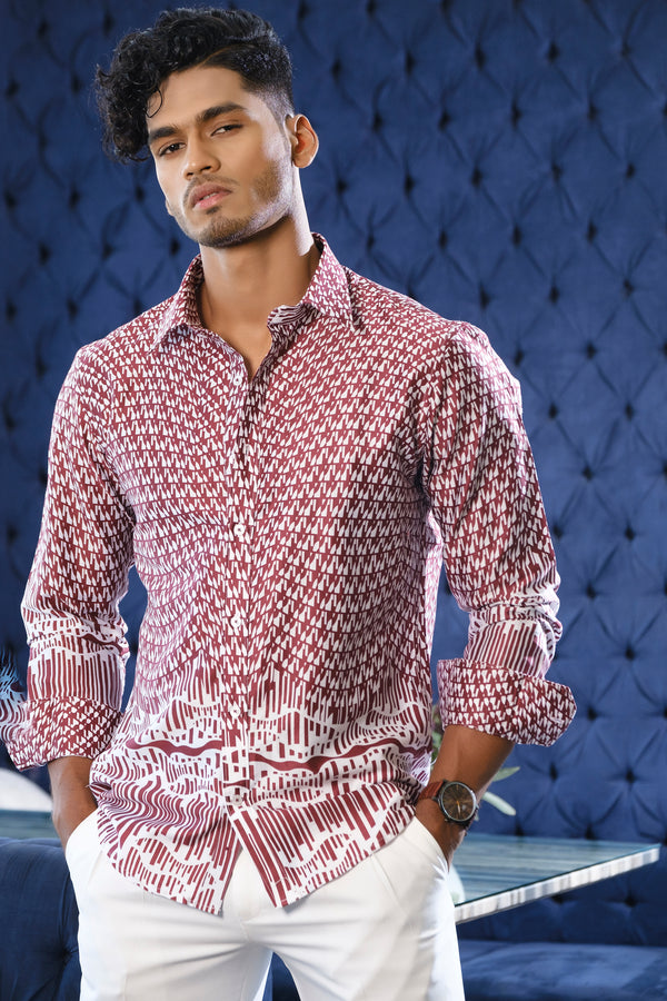 White Maroon Printed Full Sleeve Shirt