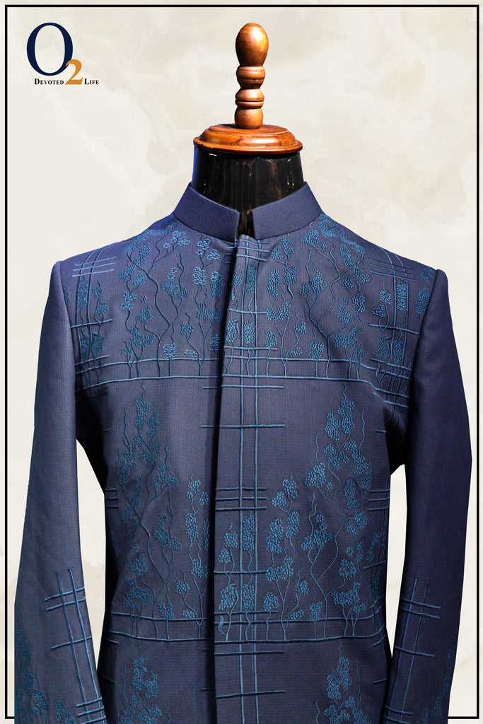 Wedding Outfits Blue Lucknowi Diamond Arrow Prince Coat