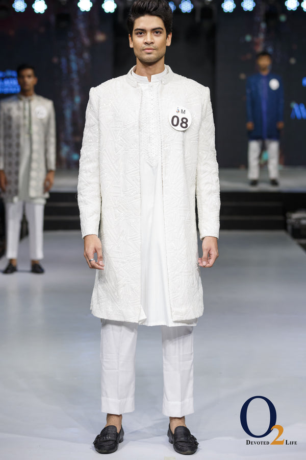 White Avadhi Silk Sherwani