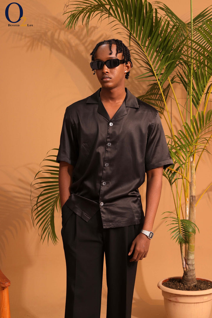 Premium short sleeve satin shirt in black ENVY
